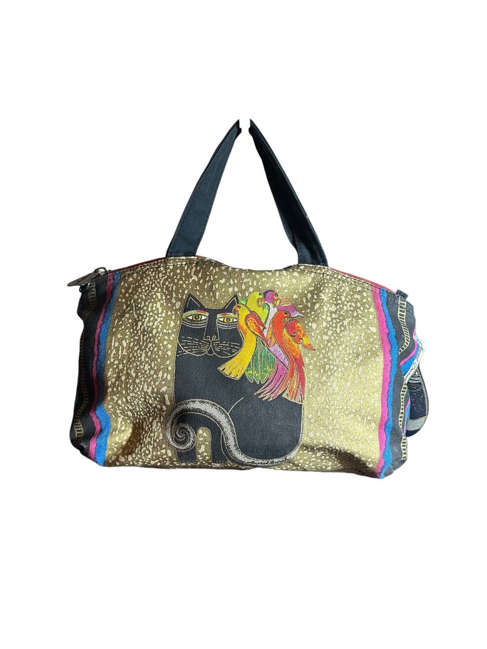 Laurel Burch Cat purse, small tote top handle, cat pull & charm gold and blue